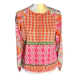 Coldwater Creek Full Zip Artsy Sweater Coral Paisley Flowers Women Medium